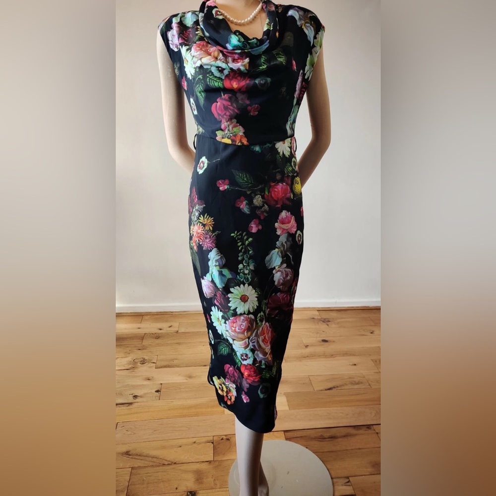 TED BAKER Oil Painting floral print cowl neck  midi pencil Size:1